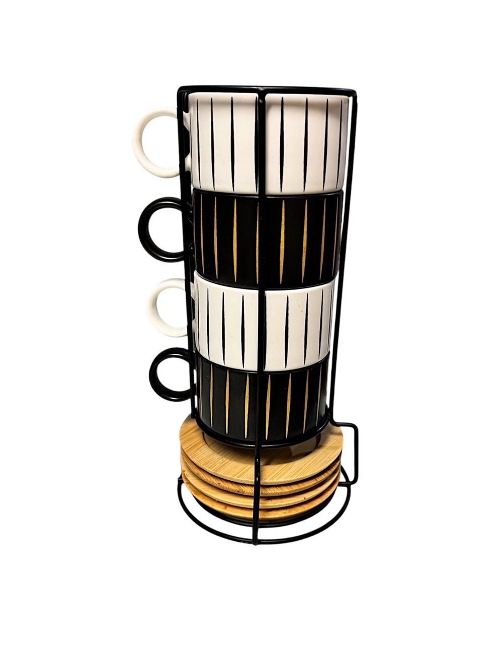 LUKA 9Pc Porcelain B&W Gold Stripes Espresso Cups Wood Saucers & Metal Stand NEW